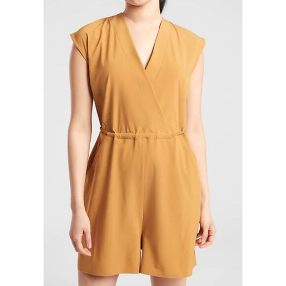 Athleta S Yellow Tuscan Gold Marlow Romper Featherweight Stretch Woven Faux Wrap - Picture 11 of 12